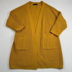 Zesica Open 3/4 Dolman Sleeve Cardigan Womens Size S Waffle Knit Pockets Mustard